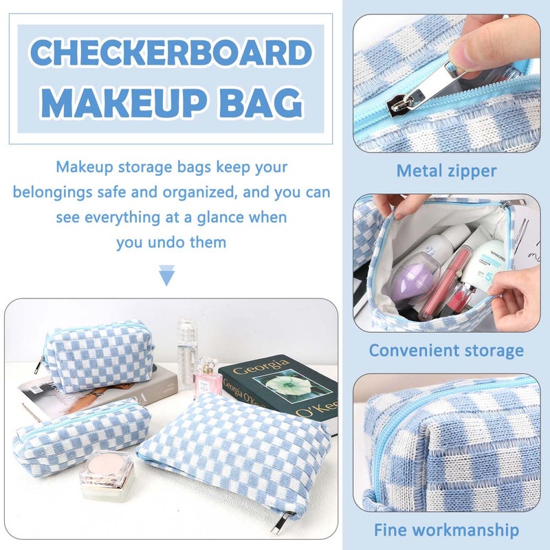 Gocvo 3 Pcs Makeup Bag Cosmetic Bag Set for Girls Women Checkered Travel Organizer Bathroom Toiletry Pouch Large Capacity Storage Bag (Blue-White) - Image 4